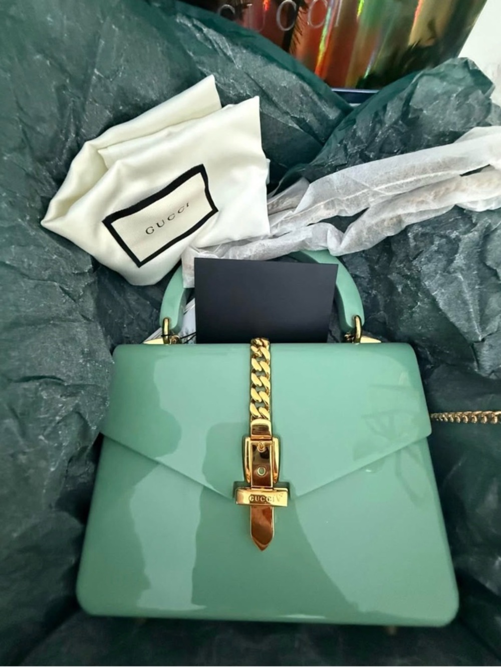 💚 Gucci Mini Top Handle Bag – Mint Green Patent Leather (NEW)
